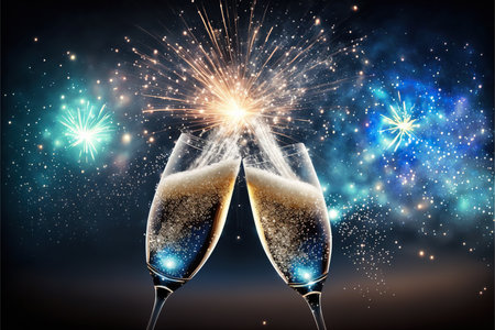 Glasses of champagne with fireworks and bokeh lights on backgroundの写真素材