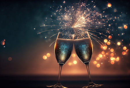 Glasses of champagne with fireworks on bokeh background, new year celebrationの写真素材