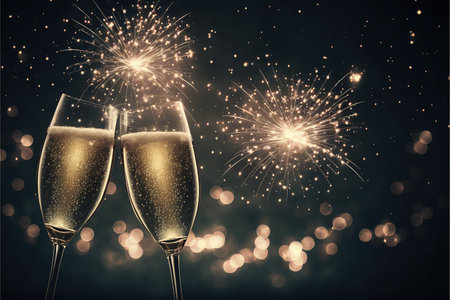 Glasses of champagne with fireworks and bokeh lights on backgroundの写真素材