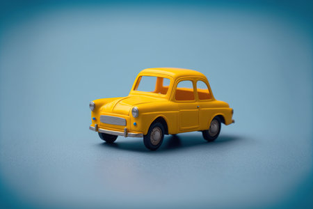 Miniature yellow toy car on blue background. Copy space for text.の写真素材