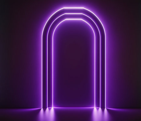 Abstract purple neon arch on a dark background. 3D Renderingの写真素材