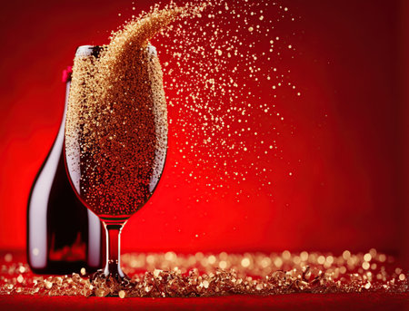 Pouring champagne from bottle into glass on red background with golden confettiの写真素材