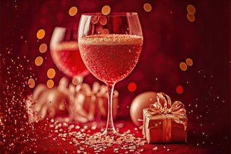 Two glasses of red wine, gift box and christmas balls on red backgroundの写真素材