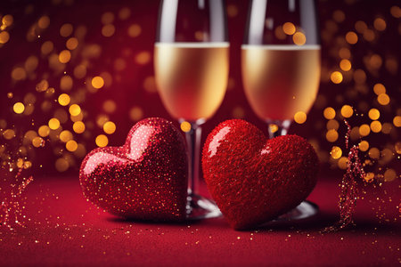 Two glasses of champagne and red hearts on a red background with bokehの写真素材
