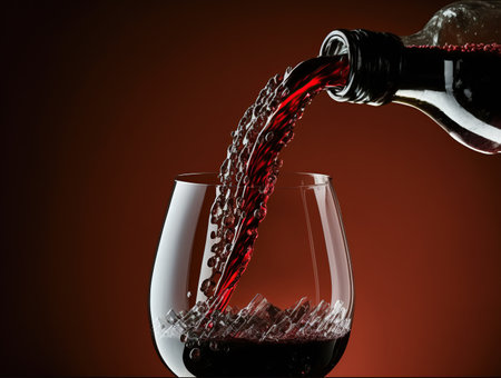 Pouring red wine into a glass on a dark red background.の写真素材