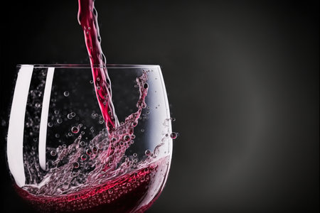Red wine pouring into a glass on a dark background with copy spaceの写真素材