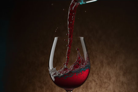Red wine splashing out of a wine glass on a brown backgroundの写真素材