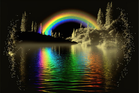 rainbow over the lake with trees on a dark background, illustrationの写真素材