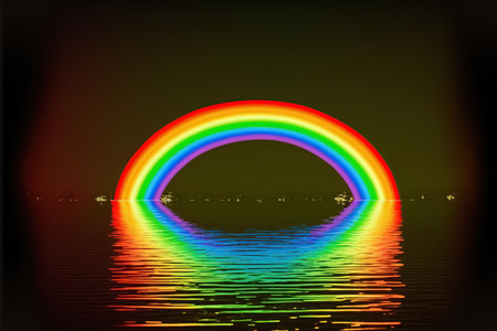 rainbow reflected in the water with reflection on black background, illustrationの写真素材