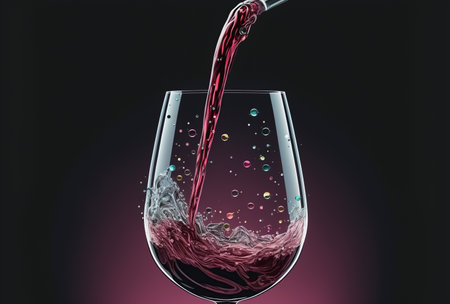 Pouring red wine into a glass on a dark background. 3d renderingの写真素材