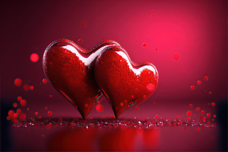 Valentine's day background with two red hearts on a red backgroundの写真素材