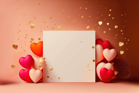 Valentines day background with hearts and blank paper sheet. Vector illustration.の写真素材