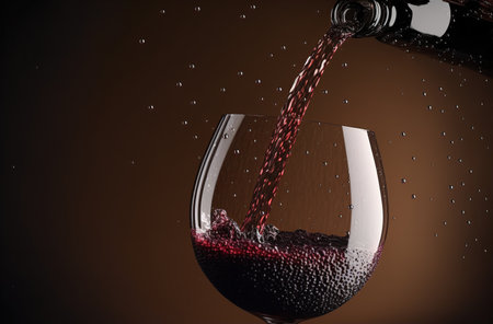 Red wine being poured into a wineglass with water drops on brown backgroundの写真素材