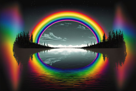 abstract scene with a rainbow in the sky and reflection in waterの写真素材