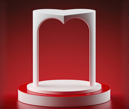 3d render of white round podium with arch on red background.の写真素材