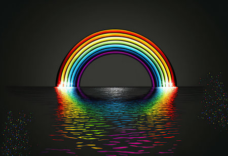 Rainbow reflected in the water on dark background. Vector illustration.の写真素材