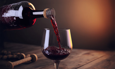 Pouring red wine from bottle into glass on wooden table with copy spaceの写真素材