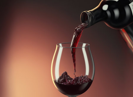 Red wine being poured into a glass, close-up, 3d renderingの写真素材