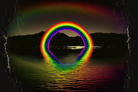 Illustration of a rainbow reflected in the water with mountains in the backgroundの写真素材
