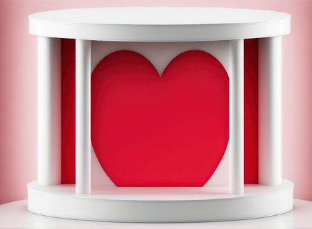 3d render of Valentine's Day background with red heart on white podiumの写真素材