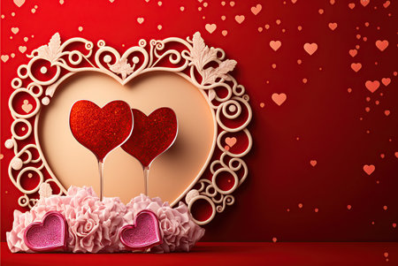 Valentine's day background with red hearts and frame on red backgroundの写真素材