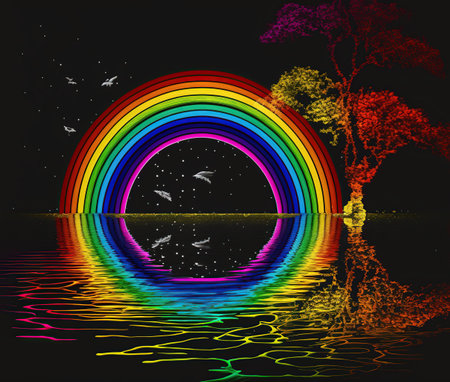rainbow reflected in the water on a dark background with flying birdsの写真素材