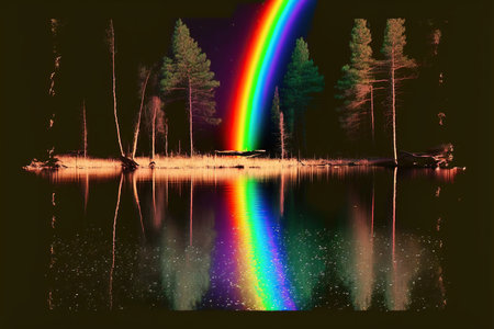 Rainbow reflected in the water of a lake with trees and a boatの写真素材