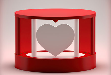 Red round podium with heart inside, 3d render, square imageの写真素材