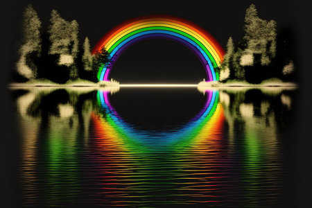 Rainbow reflected in the water of a lake in the forest.の写真素材