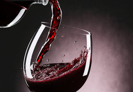 Pouring red wine into a glass on a dark background. Close-upの写真素材