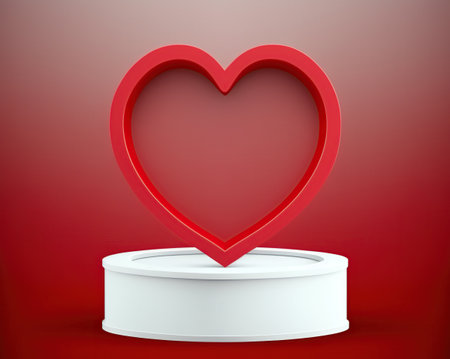 Red heart with podium on red background. Valentine's day concept. 3D Renderingの写真素材