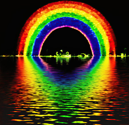 rainbow reflected in the water of a lake at night with reflectionの写真素材