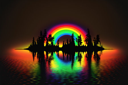 Silhouette of trees and rainbow reflected in the water. Vector illustration.の写真素材