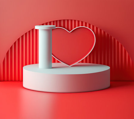3d rendering of white pedestal with red heart on red backgroundの写真素材
