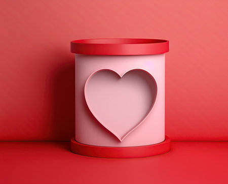 Valentine's Day Cardboard Box with Heart on Red Backgroundの写真素材