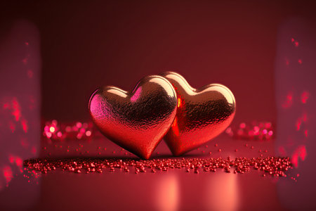 Two hearts on a red background. Valentine's Day. 3D illustrationの写真素材
