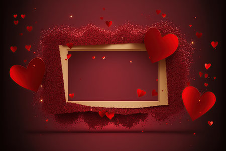 Valentines day background with red hearts and frame. Vector illustration.の写真素材