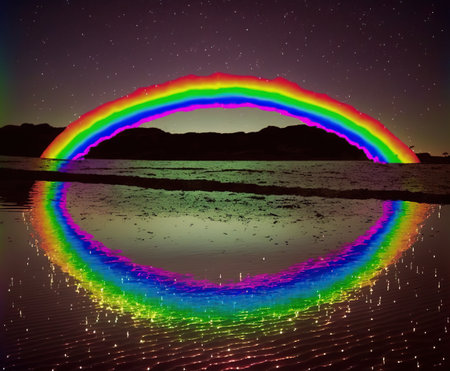 Rainbow reflected in water with mountains in the background at night.の写真素材