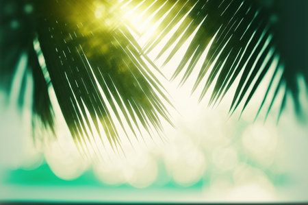 Coconut palm tree leaves on blur background with bokehの写真素材