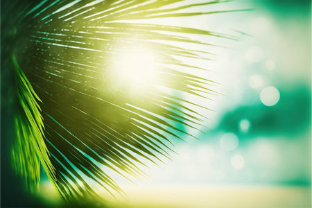 Palm leaves on blurred green background with bokeh effect.の写真素材