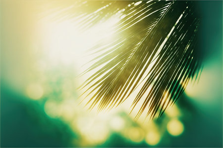 Tropical palm tree leaf with sunbeams on blurred backgroundの写真素材