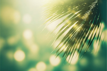 Palm leaves with bokeh lights. Summer background.の写真素材