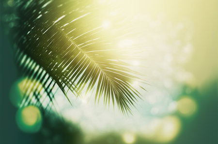 Coconut palm leaves on blurred background with bokeh.の写真素材
