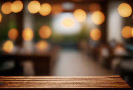 Empty wooden table and Coffee shop blur background with bokeh image.の素材