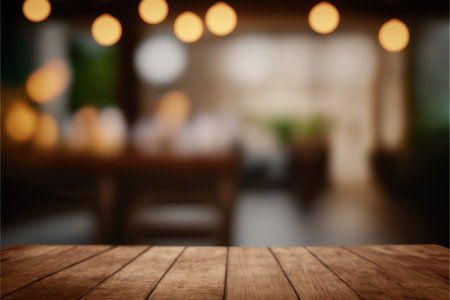 Empty wood table and Coffee shop blur background with bokeh image.の素材
