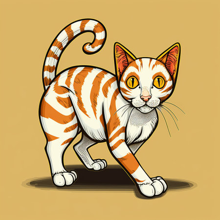 Vector illustration of a striped cat on a yellow background. Hand drawingの素材