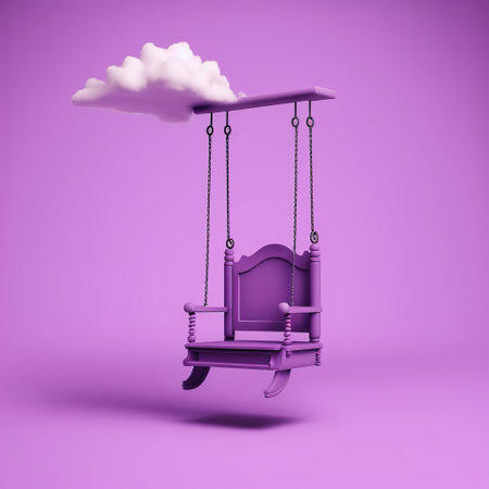 Baby swing with clouds in the sky. 3D illustration. Purple background.の素材