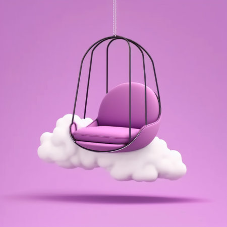 Pink armchair in a white cloud with a swing. 3d renderingの素材