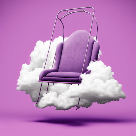 Purple chair on a white fluffy cloud. 3d rendering.の素材