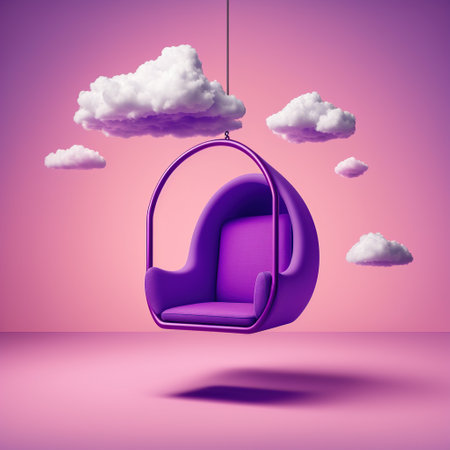 Purple chair with clouds hanging on the ropes. 3D renderingの素材